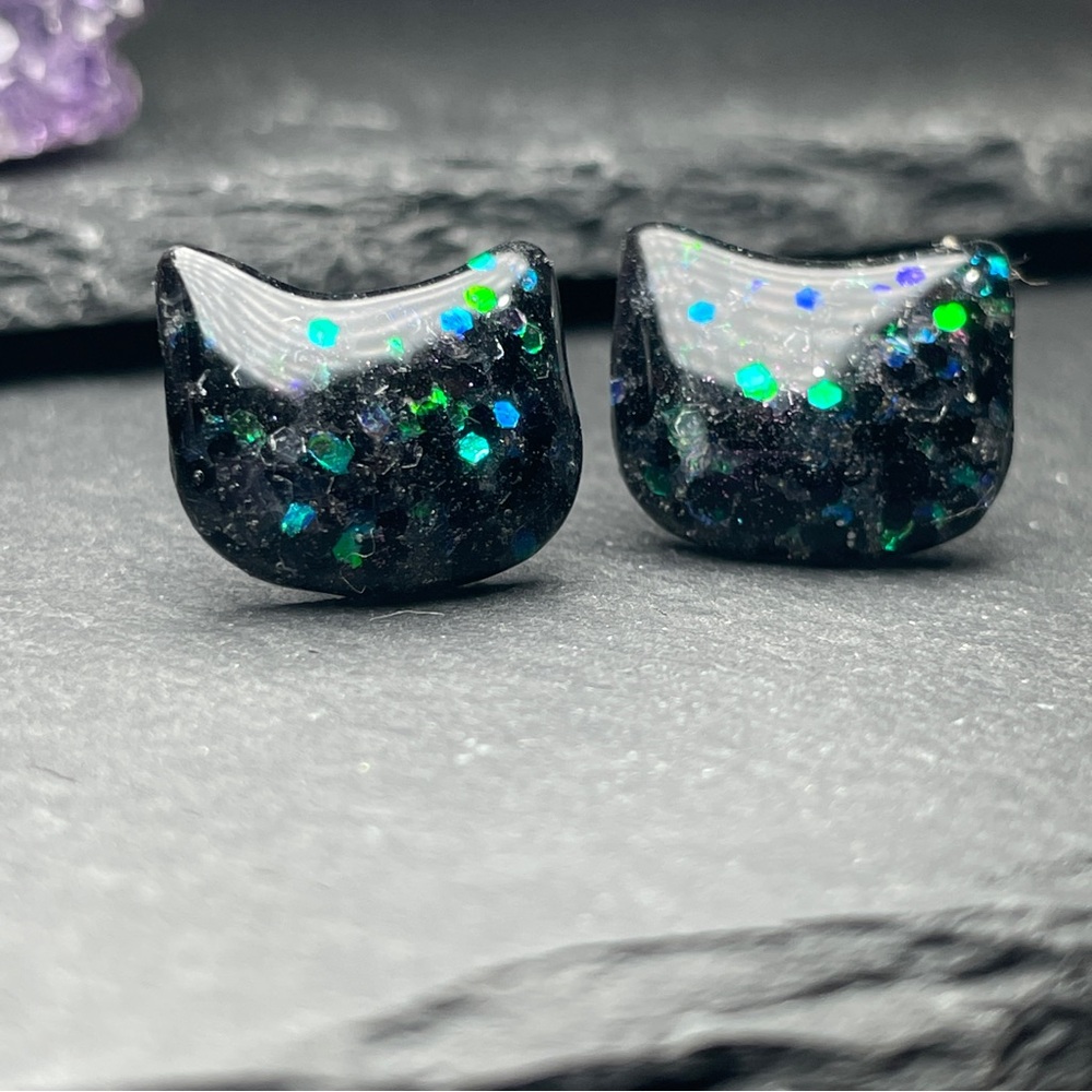 2/$18 Custom Made Black and Green Cat Stud Earrings - Picture 5 of 13